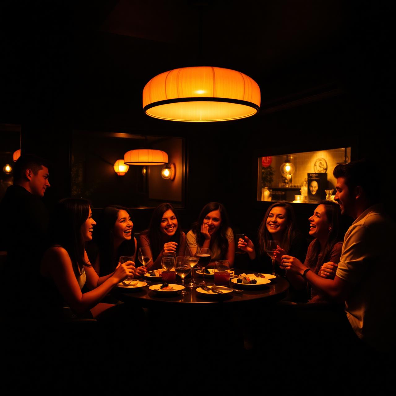 Friends laughing around a table at Royal Lounge